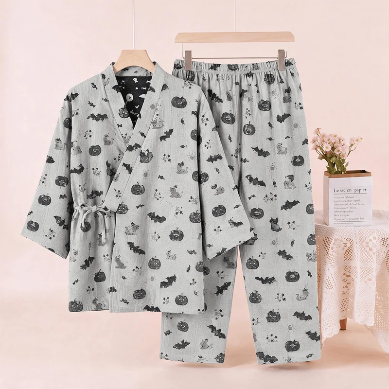 Halloween-Fledermaus-Kürbis-Baumwollkimono-Pyjama-Set