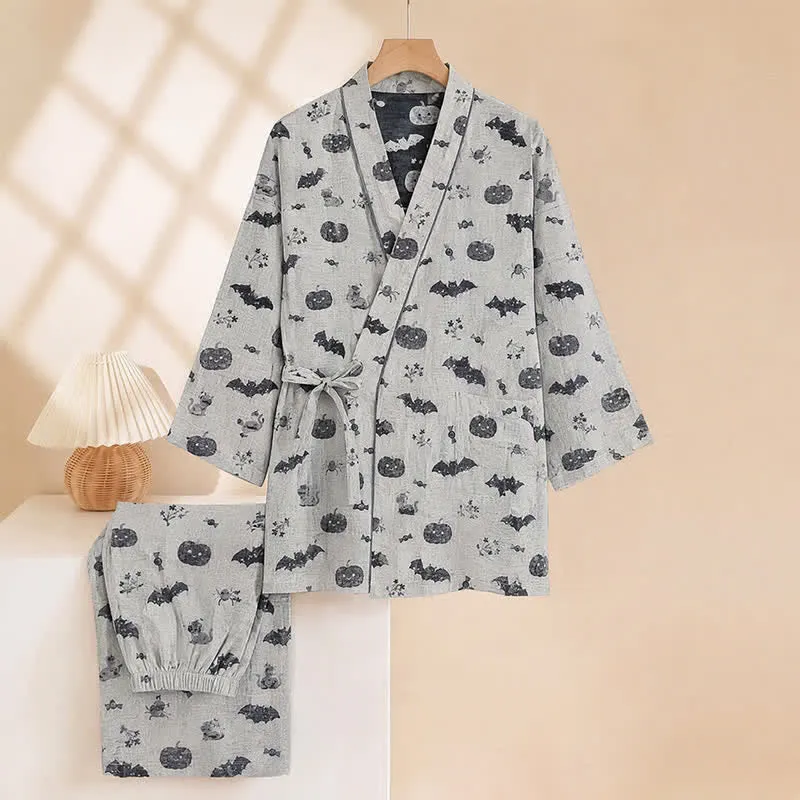 Halloween-Fledermaus-Kürbis-Baumwollkimono-Pyjama-Set
