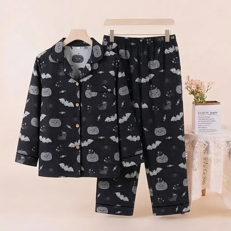 Halloween Kürbis Fledermaus Baumwollgaze Loungewear-Set