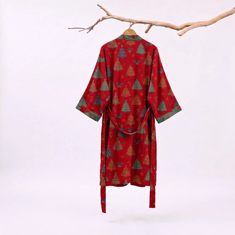 Kimono-Bademantel aus Baumwollgaze mit Weihnachtsbaummotiv