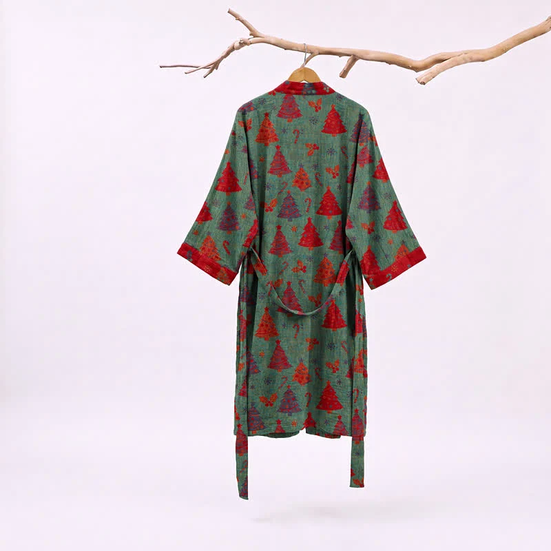 Kimono-Bademantel aus Baumwollgaze mit Weihnachtsbaummotiv
