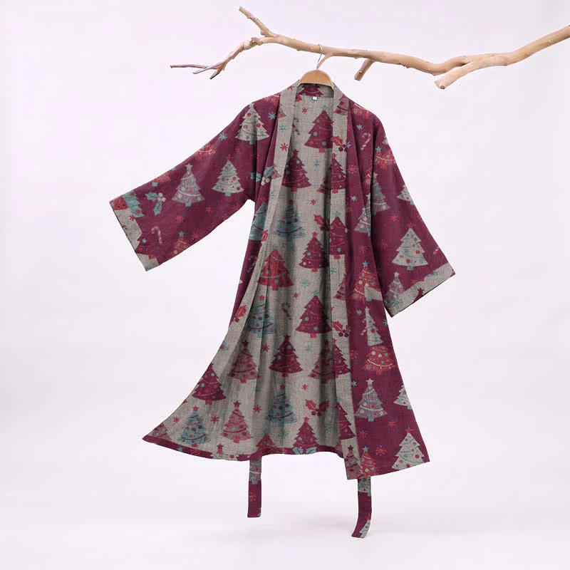 Kimono-Bademantel aus Baumwollgaze mit Weihnachtsbaummotiv