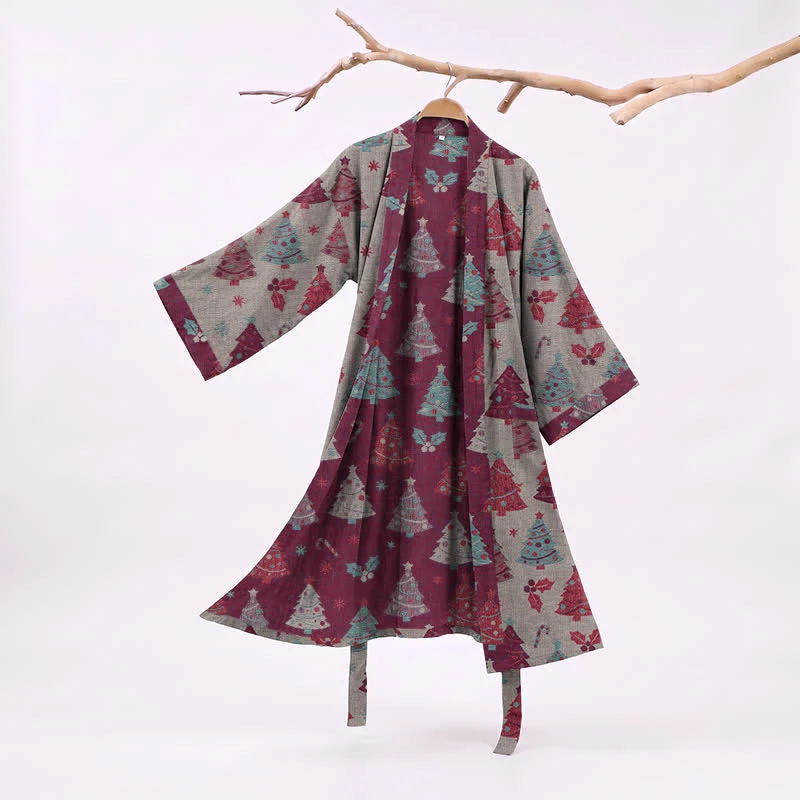 Kimono-Bademantel aus Baumwollgaze mit Weihnachtsbaummotiv