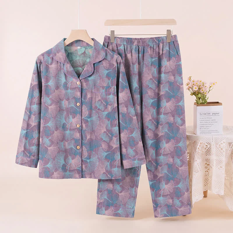 Loungewear-Set aus Baumwolle mit Ginkgoblatt-Motiv und gekerbtem Kragen