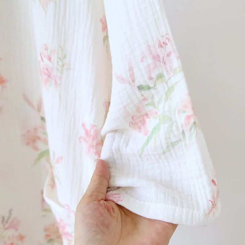 Kimono-Bademantel aus reiner Baumwolle mit rosa Blumenmuster