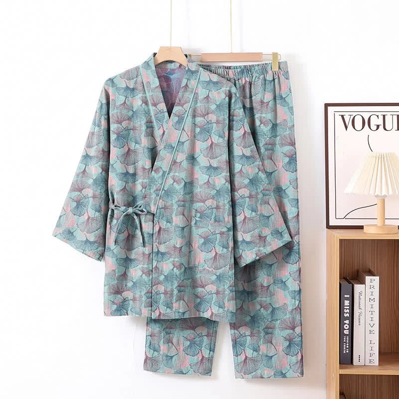 Retro-Kimono-Pyjama-Set aus Baumwolle mit Ginkgoblatt-Motiv