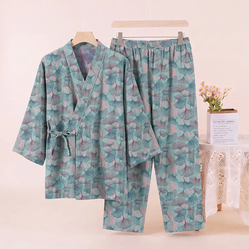 Retro-Kimono-Pyjama-Set aus Baumwolle mit Ginkgoblatt-Motiv