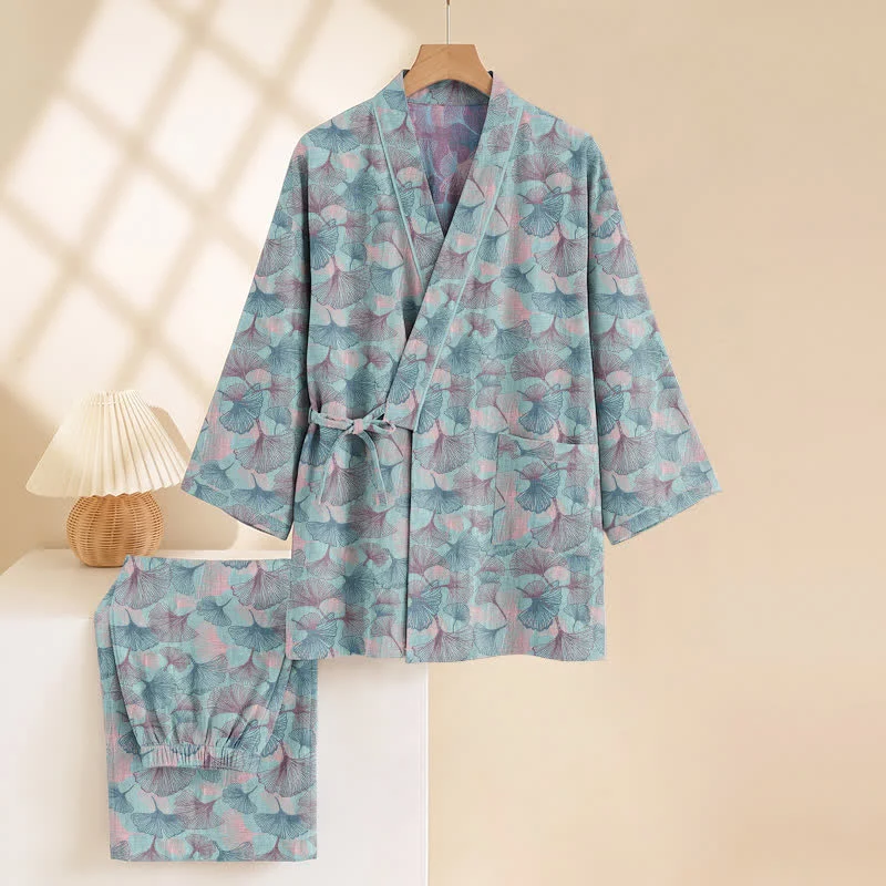 Retro-Kimono-Pyjama-Set aus Baumwolle mit Ginkgoblatt-Motiv