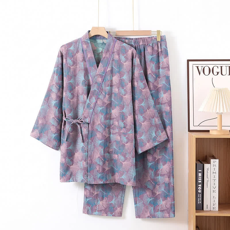 Retro-Kimono-Pyjama-Set aus Baumwolle mit Ginkgoblatt-Motiv