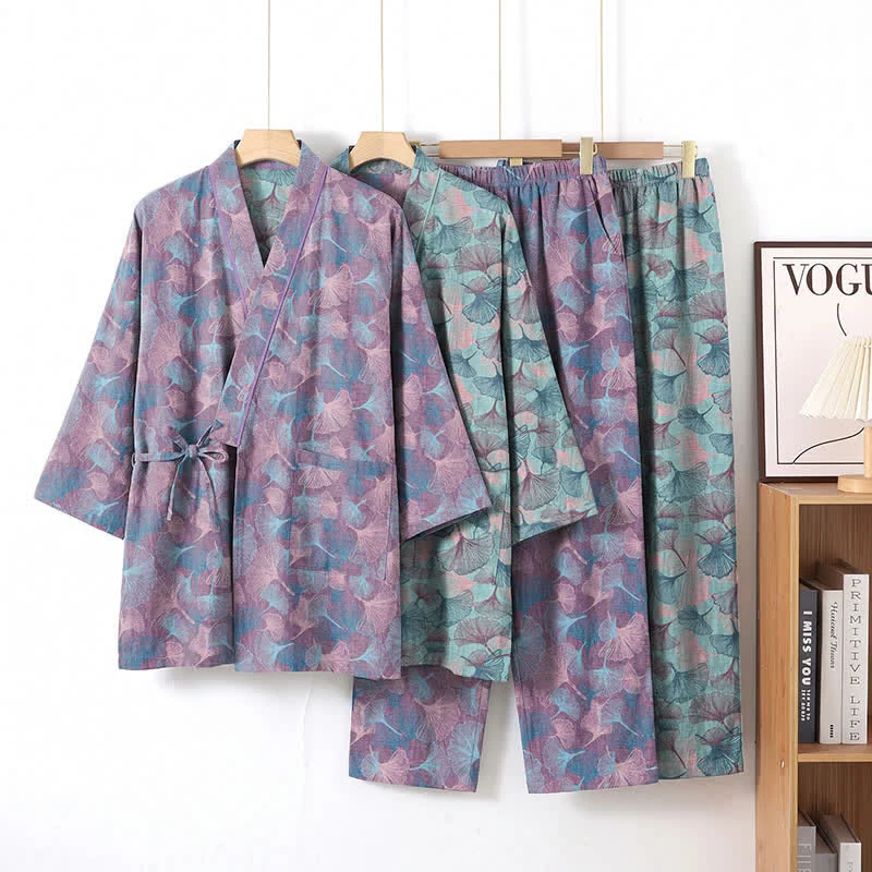 Retro-Kimono-Pyjama-Set aus Baumwolle mit Ginkgoblatt-Motiv
