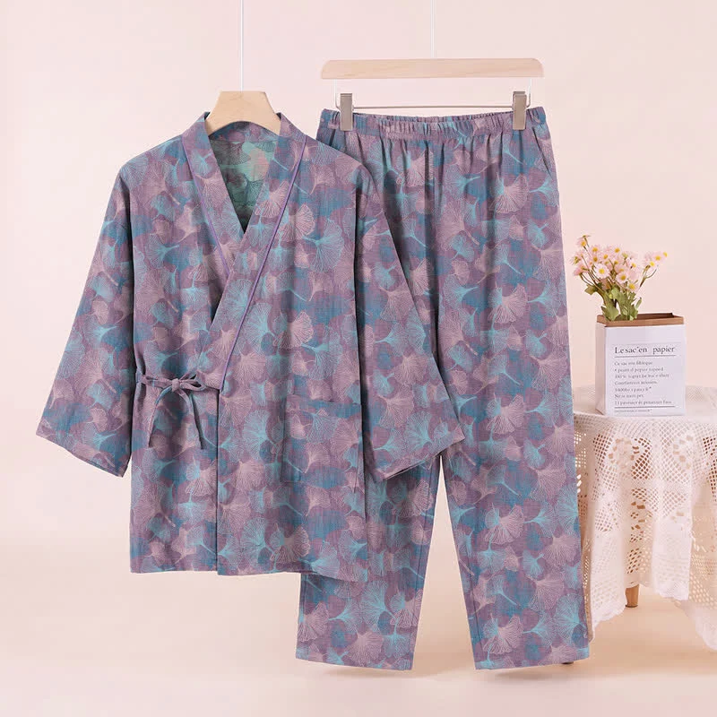 Retro-Kimono-Pyjama-Set aus Baumwolle mit Ginkgoblatt-Motiv
