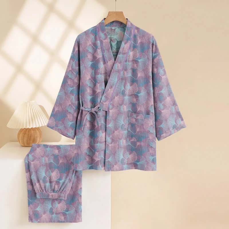 Retro-Kimono-Pyjama-Set aus Baumwolle mit Ginkgoblatt-Motiv