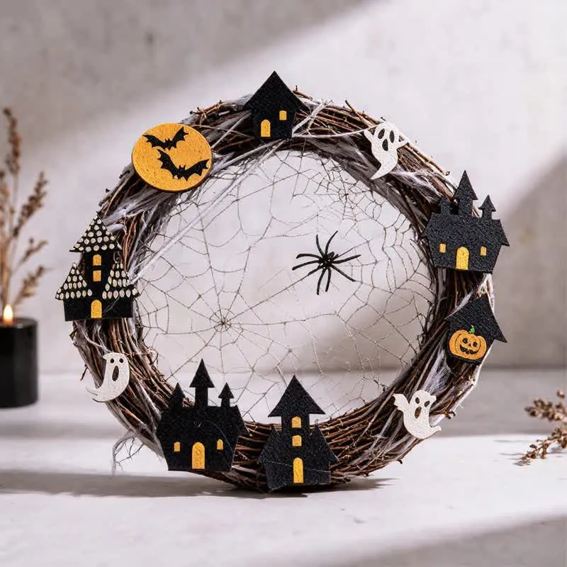 Halloween-Zweigkranz mit Spinnennetz-Ornamenten