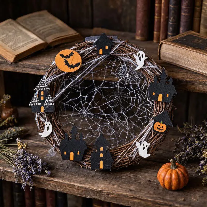 Halloween-Zweigkranz mit Spinnennetz-Ornamenten
