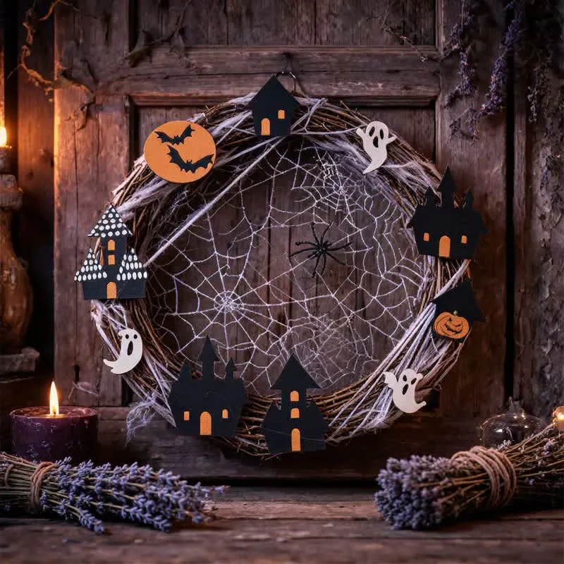Halloween-Zweigkranz mit Spinnennetz-Ornamenten