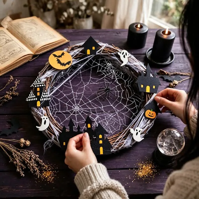 Halloween-Zweigkranz mit Spinnennetz-Ornamenten