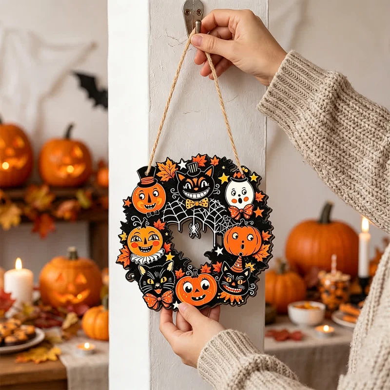 Halloween-Holzkranz mit Juteseil
