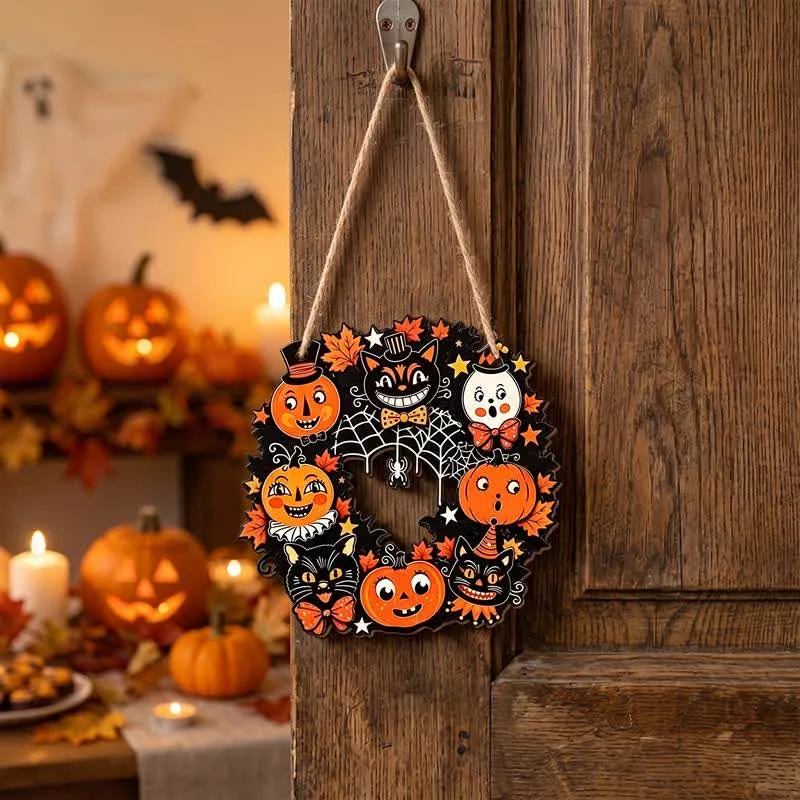 Halloween-Holzkranz mit Juteseil