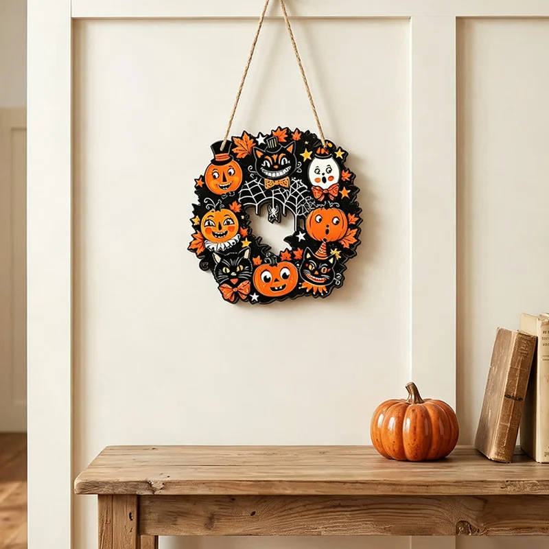 Halloween-Holzkranz mit Juteseil