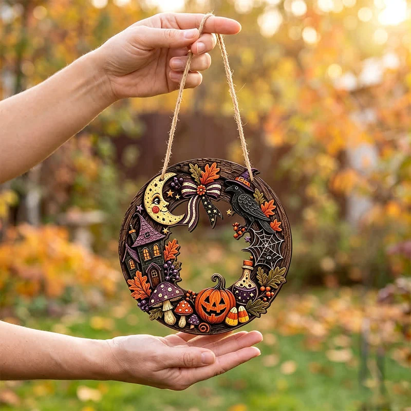 Halloween-Holzkranz mit Juteseil