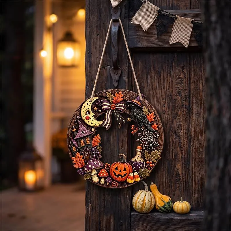 Halloween-Holzkranz mit Juteseil