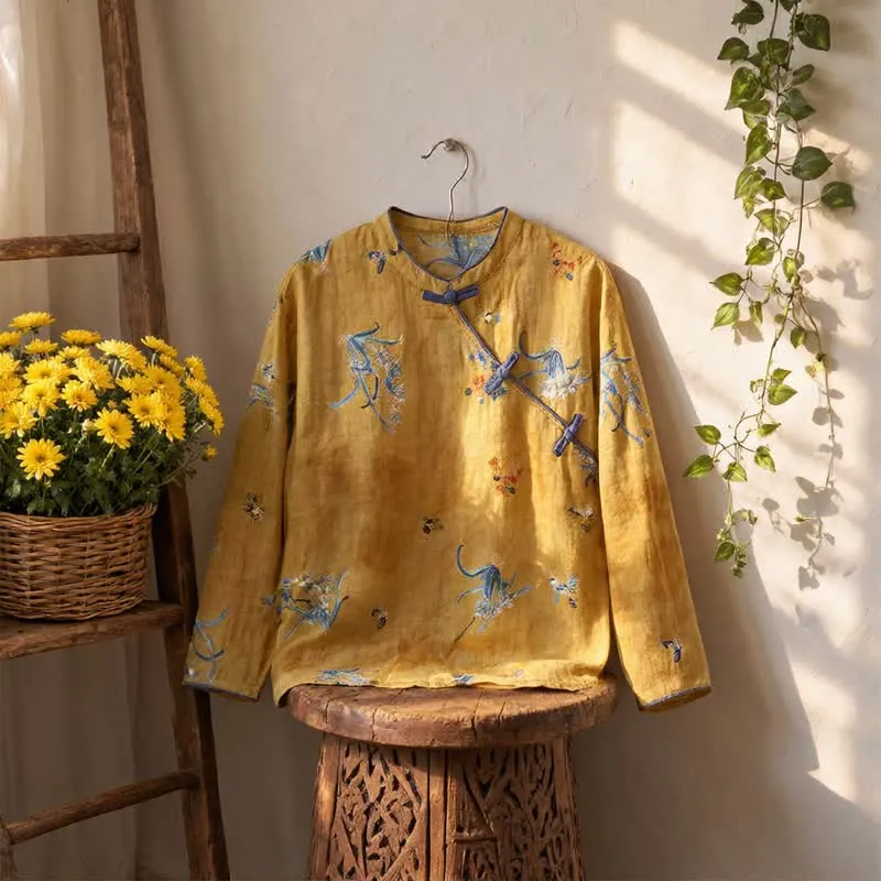 Vintage Langarmshirt mit Blumen- und Insektenmuster