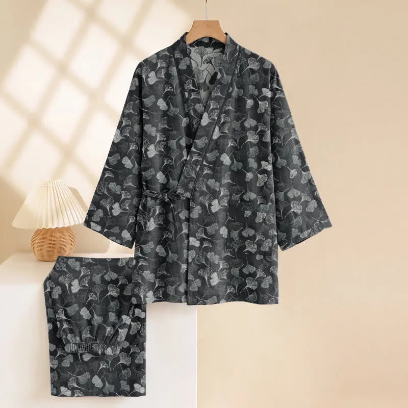 Loungewear-Set aus Baumwolle mit langen Ärmeln und Ginkgoblatt-Motiv