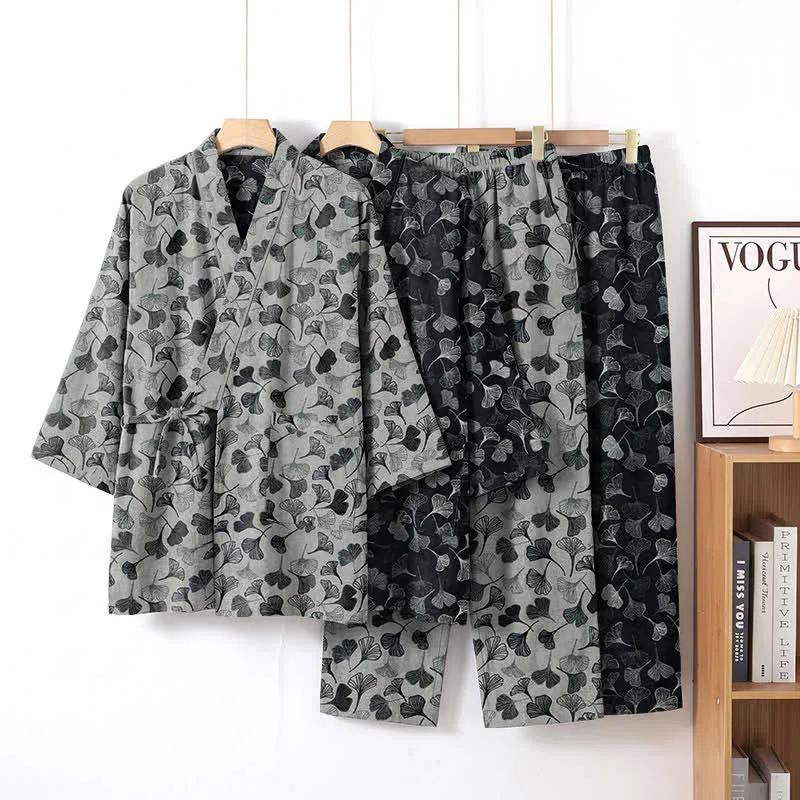 Loungewear-Set aus Baumwolle mit langen Ärmeln und Ginkgoblatt-Motiv
