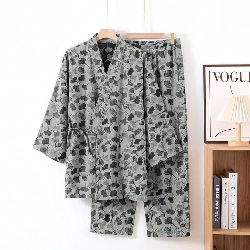 Loungewear-Set aus Baumwolle mit langen Ärmeln und Ginkgoblatt-Motiv