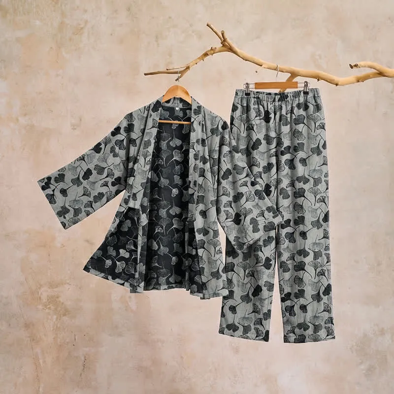 Loungewear-Set aus Baumwolle mit langen Ärmeln und Ginkgoblatt-Motiv