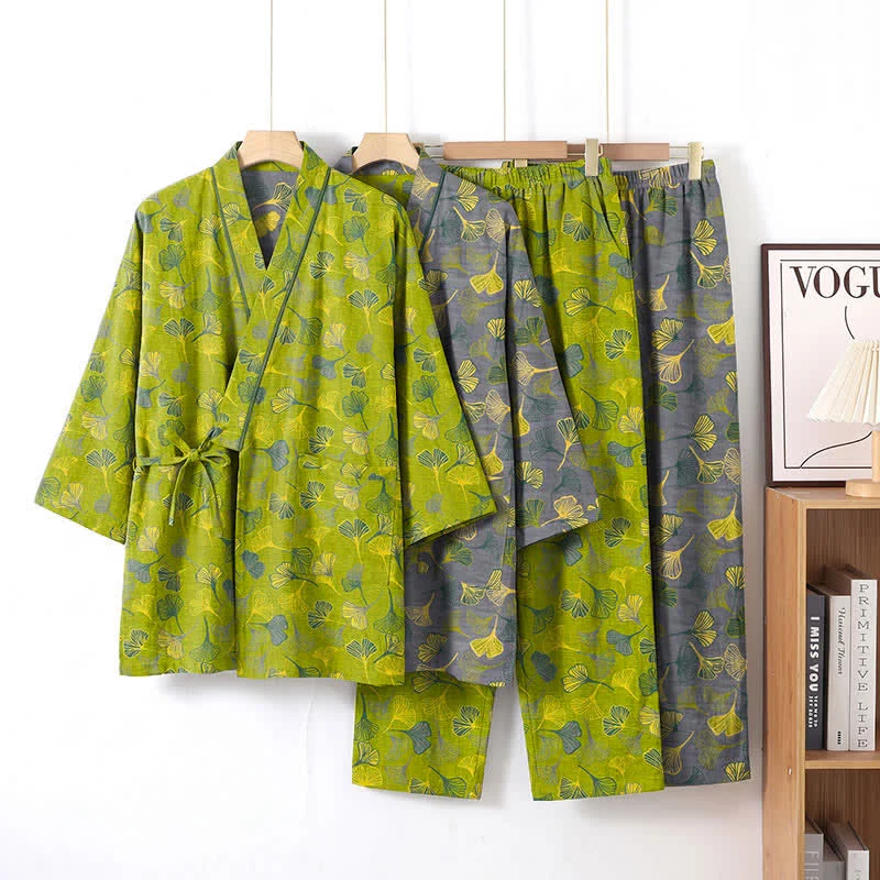 Kimono-Lounge-Pyjama-Set aus Baumwolle mit Ginkgo-Blatt