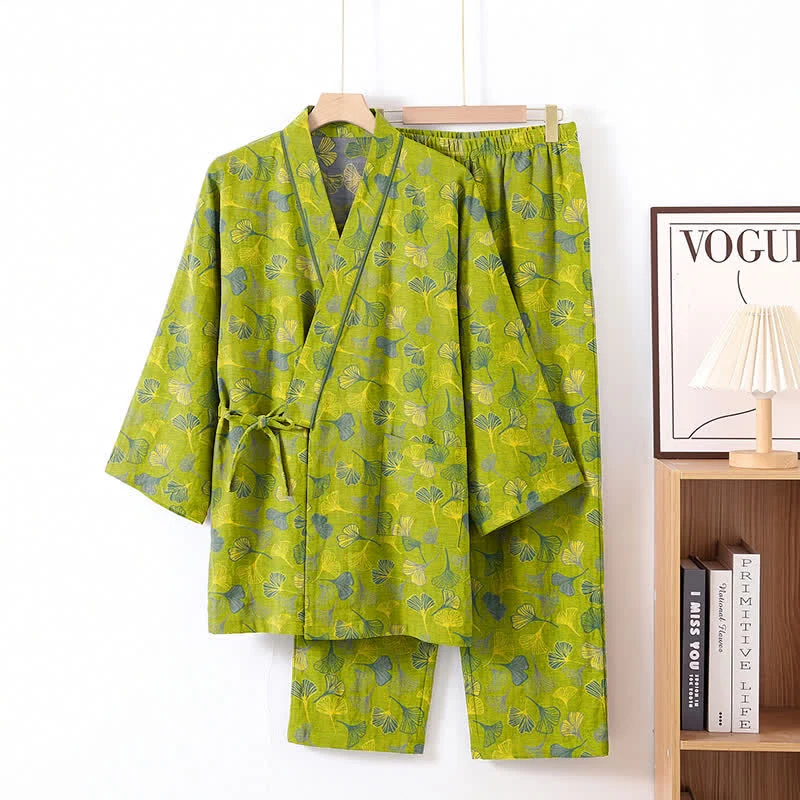 Kimono-Lounge-Pyjama-Set aus Baumwolle mit Ginkgo-Blatt