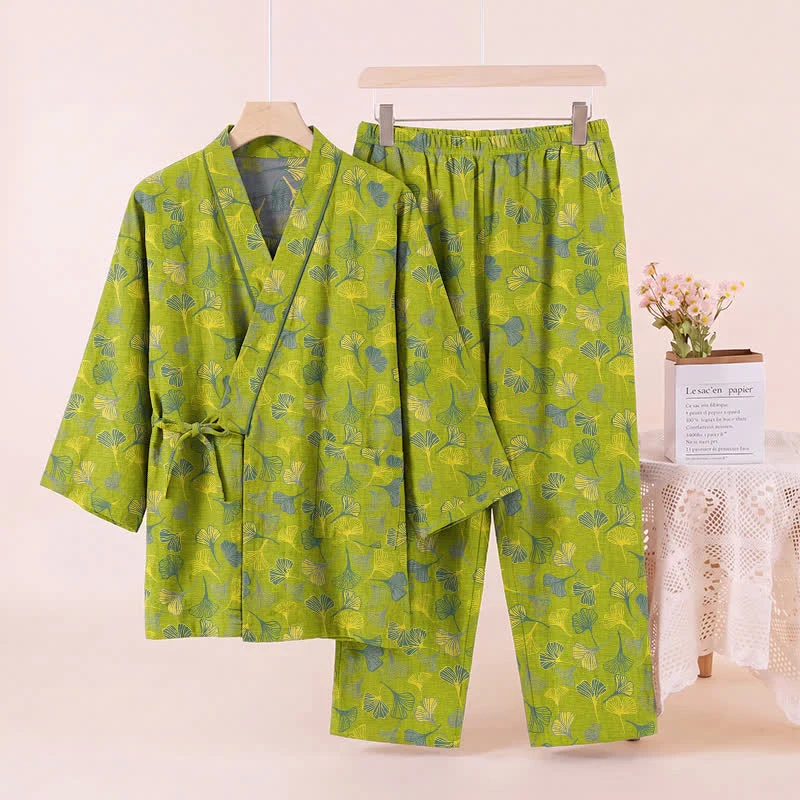 Kimono-Lounge-Pyjama-Set aus Baumwolle mit Ginkgo-Blatt
