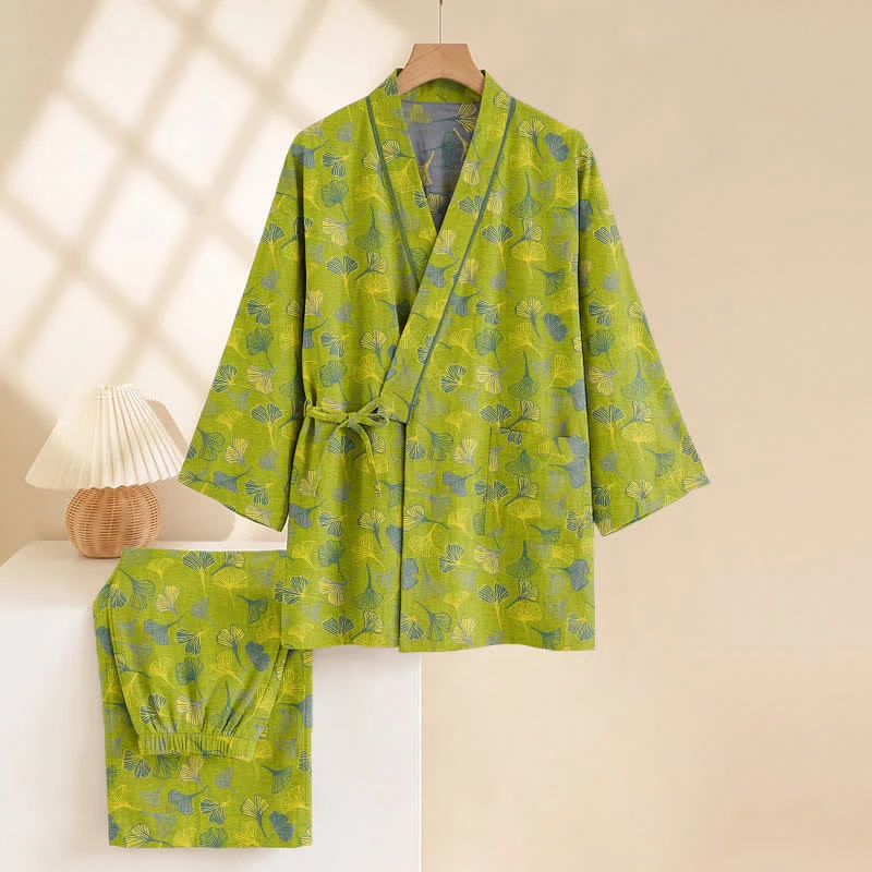 Kimono-Lounge-Pyjama-Set aus Baumwolle mit Ginkgo-Blatt