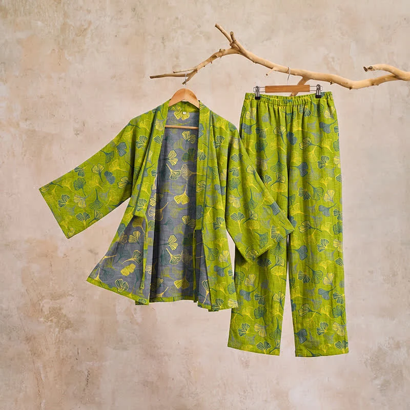 Kimono-Lounge-Pyjama-Set aus Baumwolle mit Ginkgo-Blatt