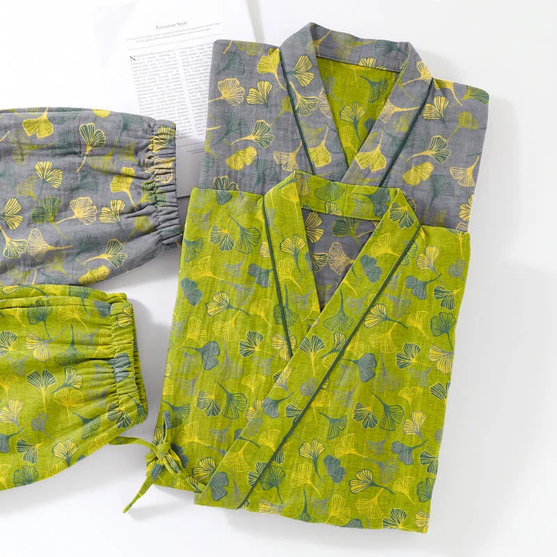 Kimono-Lounge-Pyjama-Set aus Baumwolle mit Ginkgo-Blatt