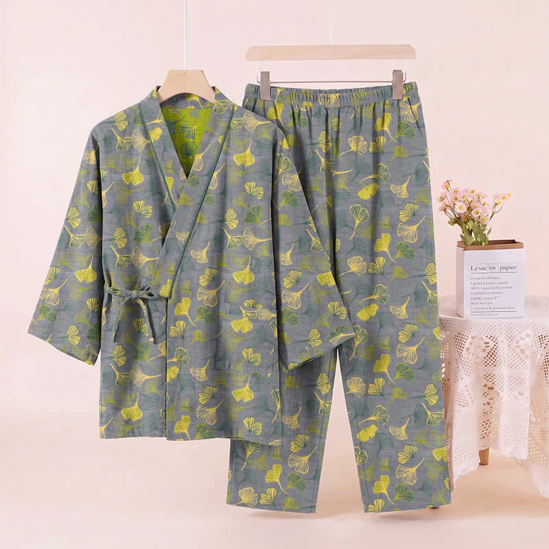 Kimono-Lounge-Pyjama-Set aus Baumwolle mit Ginkgo-Blatt