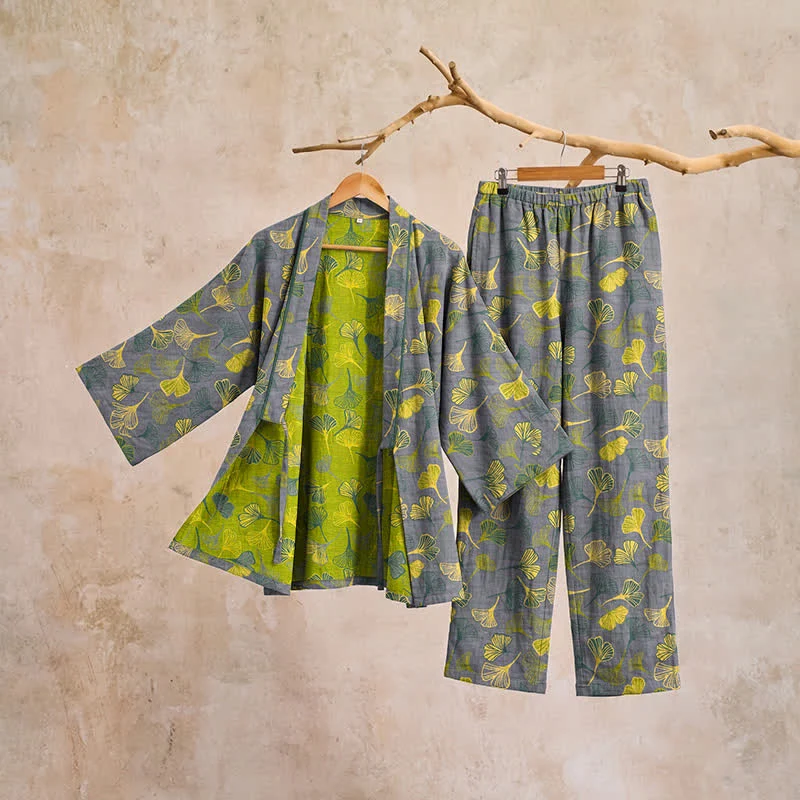 Kimono-Lounge-Pyjama-Set aus Baumwolle mit Ginkgo-Blatt
