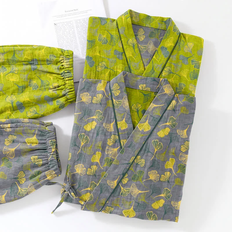 Kimono-Lounge-Pyjama-Set aus Baumwolle mit Ginkgo-Blatt