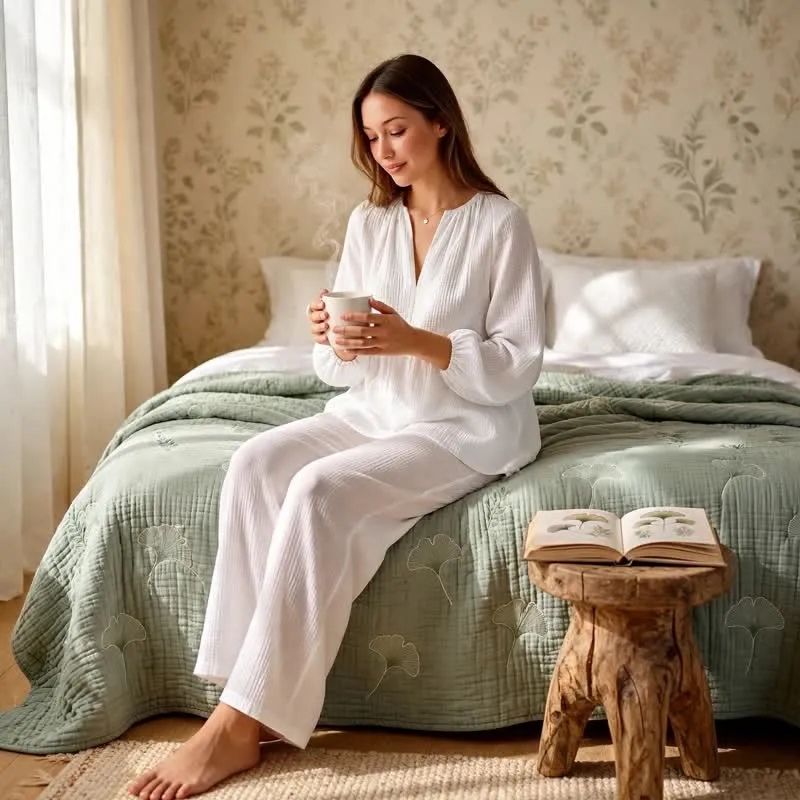 Loungewear-Set aus weißem Baumwollgaze