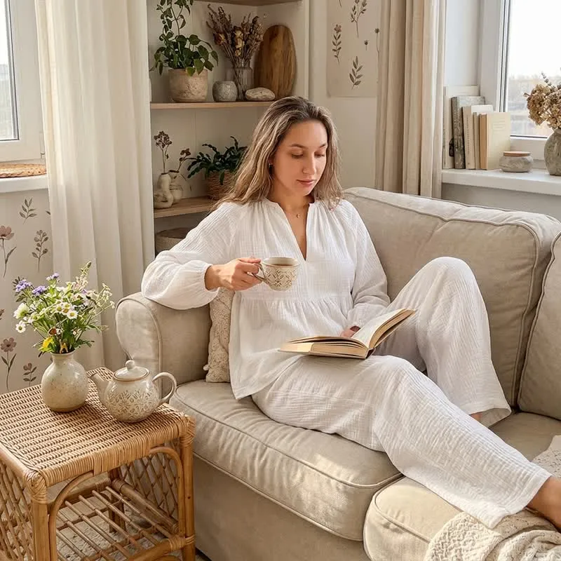 Loungewear-Set aus weißem Baumwollgaze