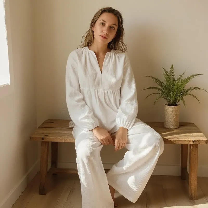 Loungewear-Set aus weißem Baumwollgaze
