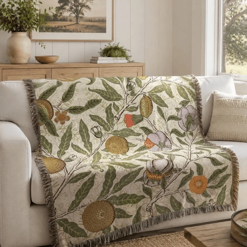 Vintage-Überwurfdecke mit Granatapfelmuster und botanischen Motiven