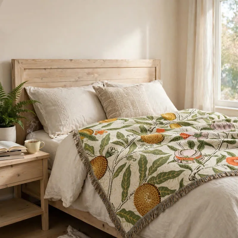 Vintage-Überwurfdecke mit Granatapfelmuster und botanischen Motiven