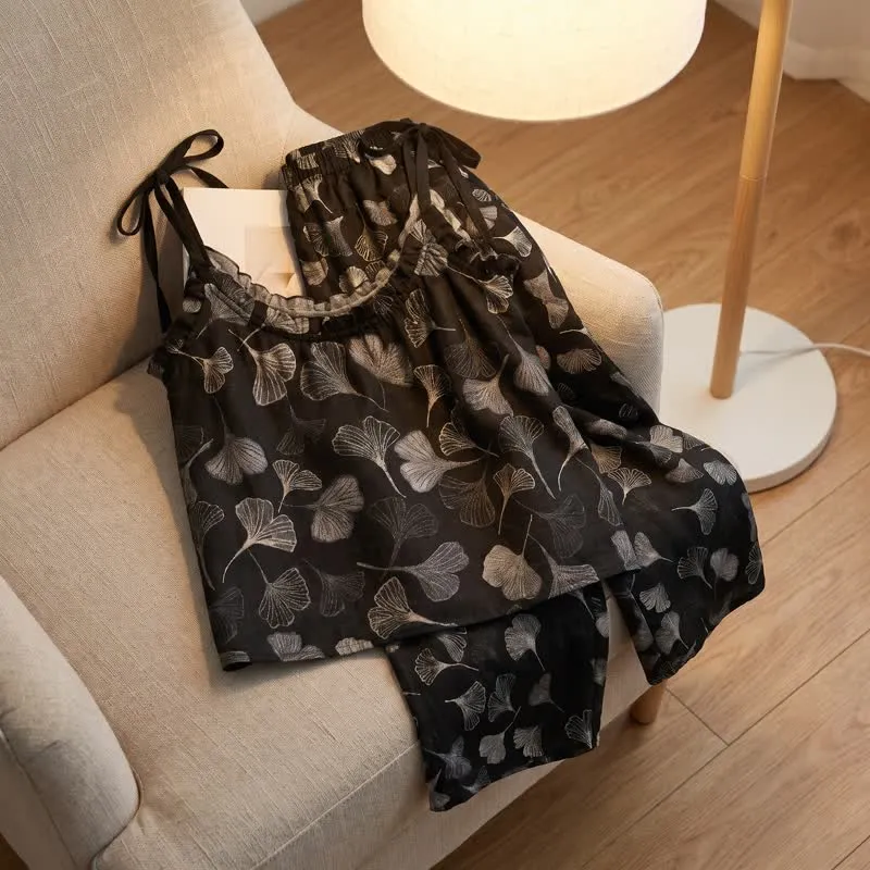 Vintage Ginkgo Leaf Baumwoll-Cami Loungewear-Set