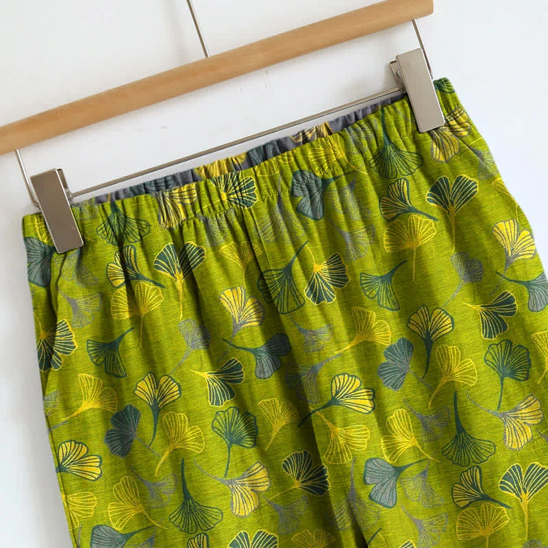 Retro-Loungewear-Set aus Baumwolle mit botanischem Ginkgoblatt-Tami-Top