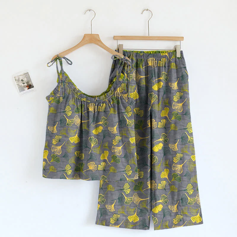 Retro-Loungewear-Set aus Baumwolle mit botanischem Ginkgoblatt-Tami-Top
