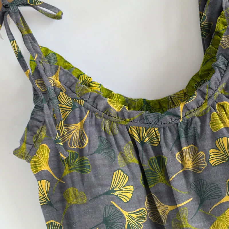 Retro-Loungewear-Set aus Baumwolle mit botanischem Ginkgoblatt-Tami-Top