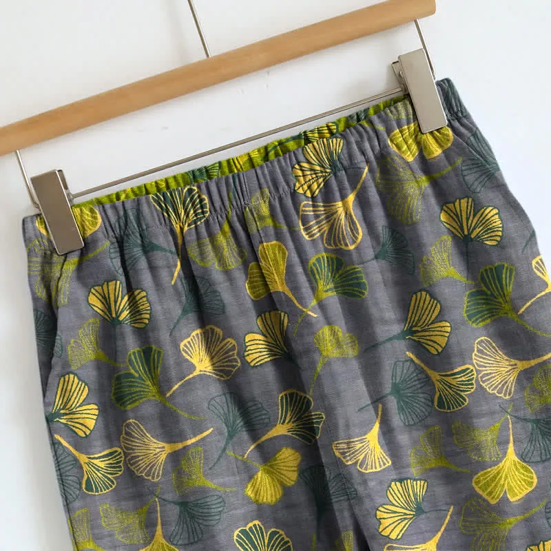 Retro-Loungewear-Set aus Baumwolle mit botanischem Ginkgoblatt-Tami-Top