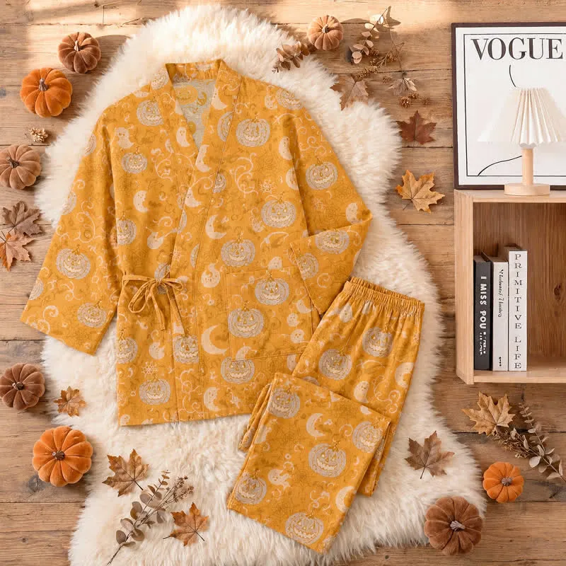 Halloween Kürbis-Geist Baumwollkimono-Pyjama-Set